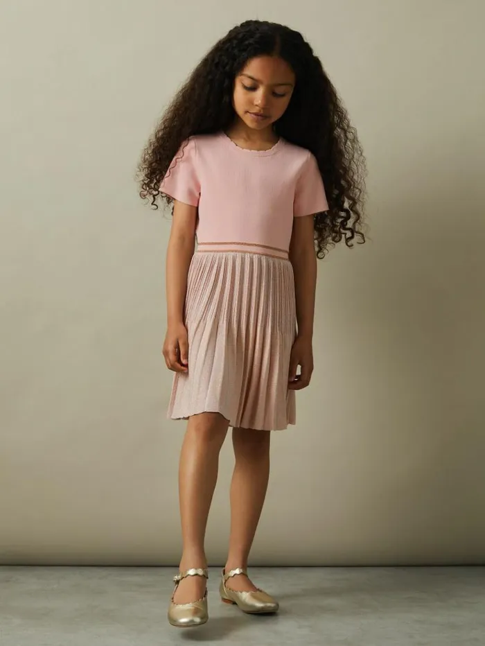 REISS Dresses Children Metallic Pleated Knitted Dress Pink