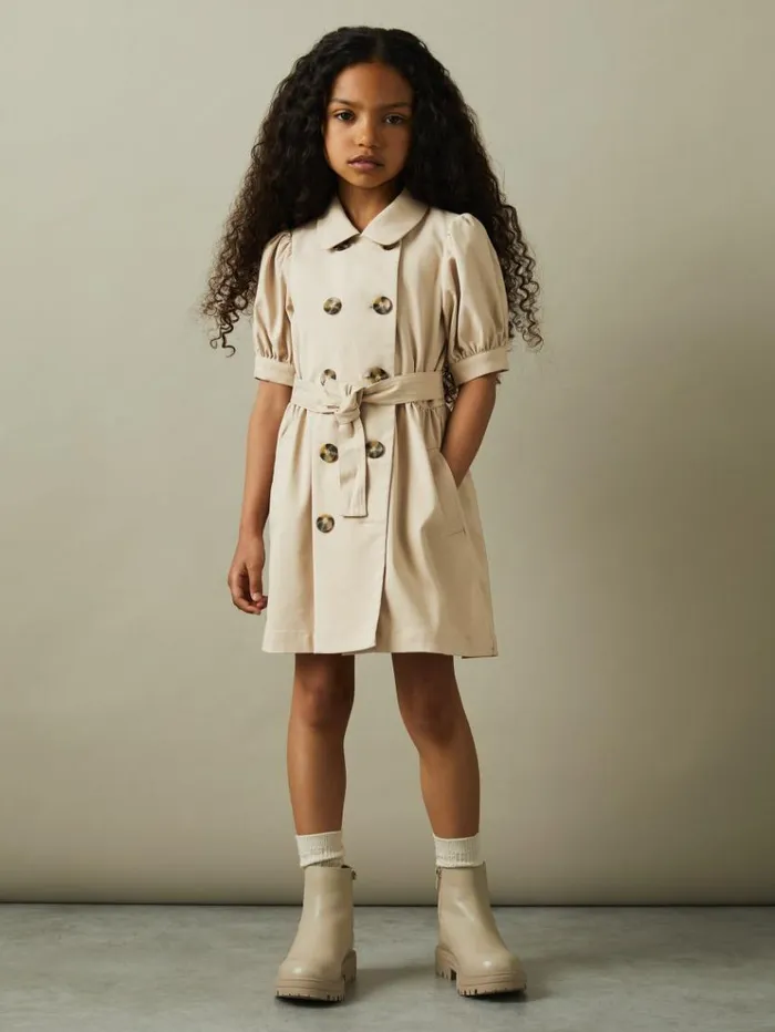REISS Dresses Children Puff Sleeve Belted Dress Camel