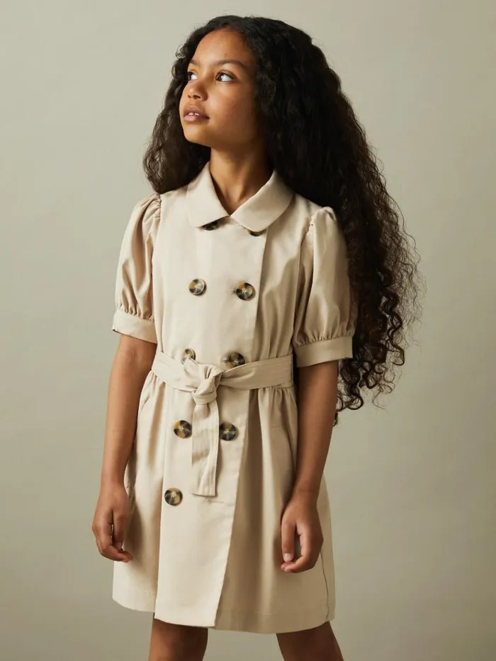 REISS Dresses Children Puff Sleeve Belted Dress Camel