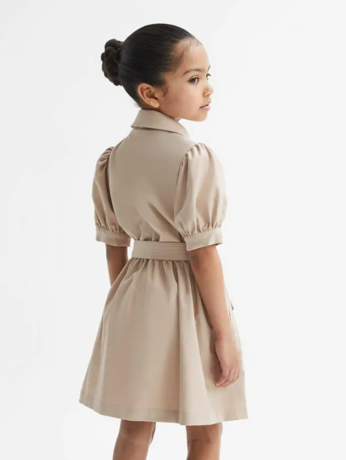 REISS Dresses Children Puff Sleeve Belted Dress Camel