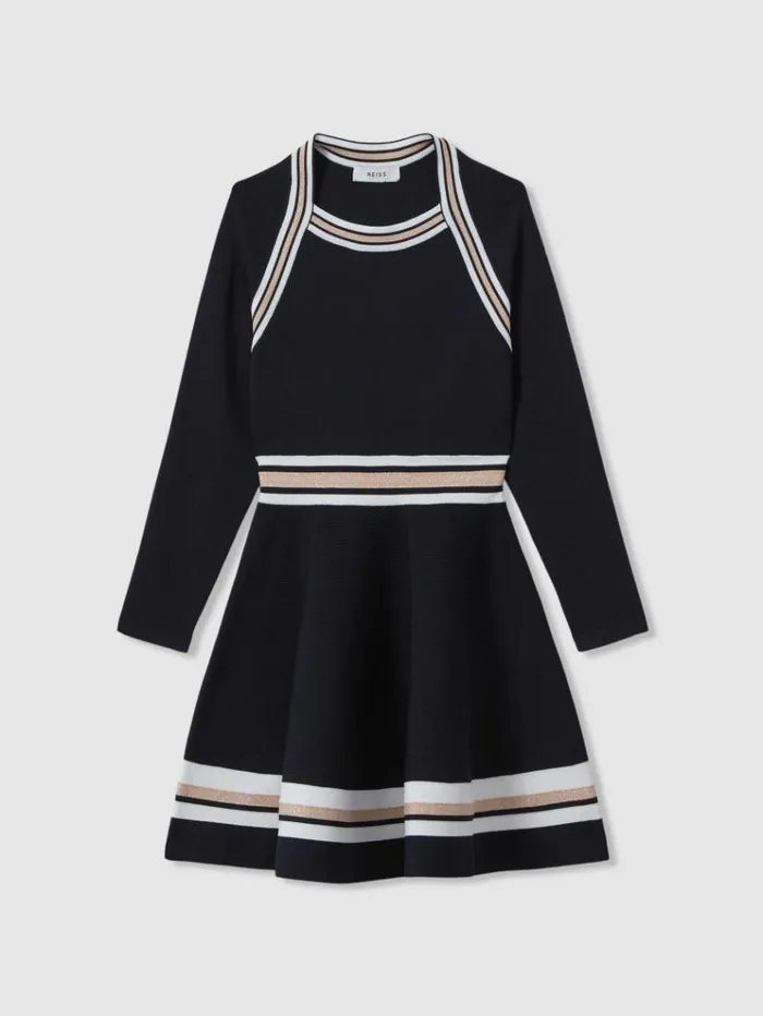 REISS Dresses Children Sparkle Knitted Long Sleeve Dress Navy
