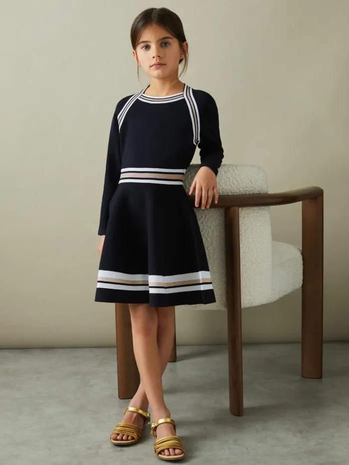 REISS Dresses Children Sparkle Trim Knitted Skater Dress Navy