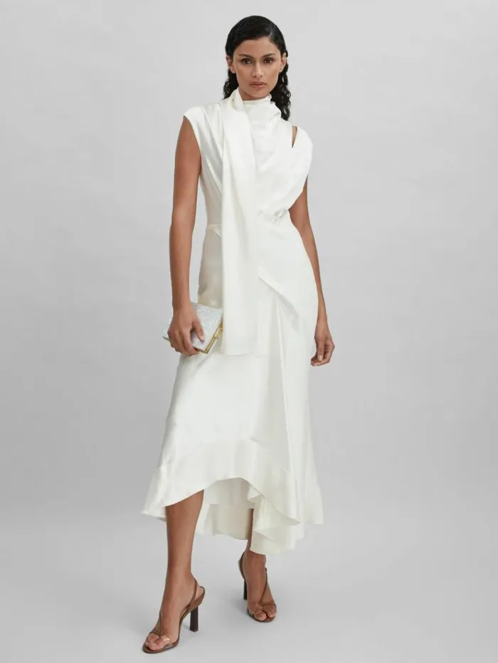 REISS Dresses Women Acler Drape Element Asymmetric Midi Dress Ivory
