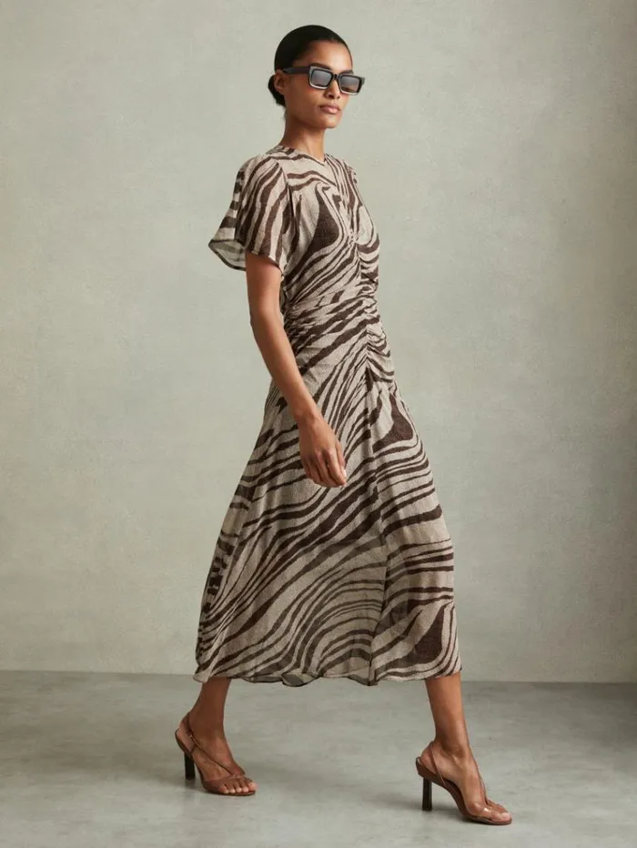 REISS Dresses Women Animal Printed Midi Dress Browncream