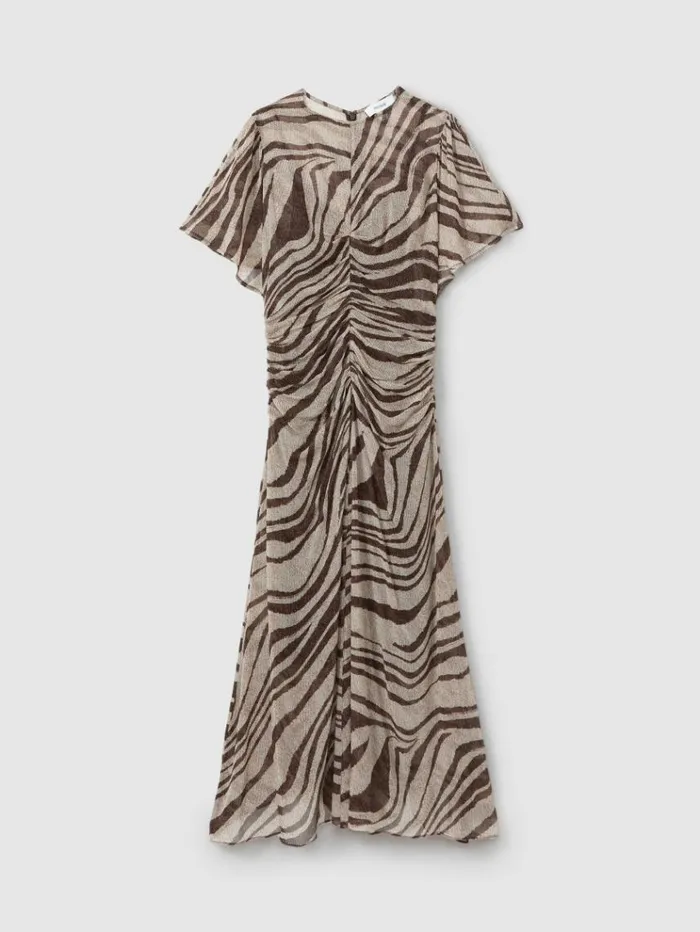 REISS Dresses Women Animal Printed Midi Dress Browncream