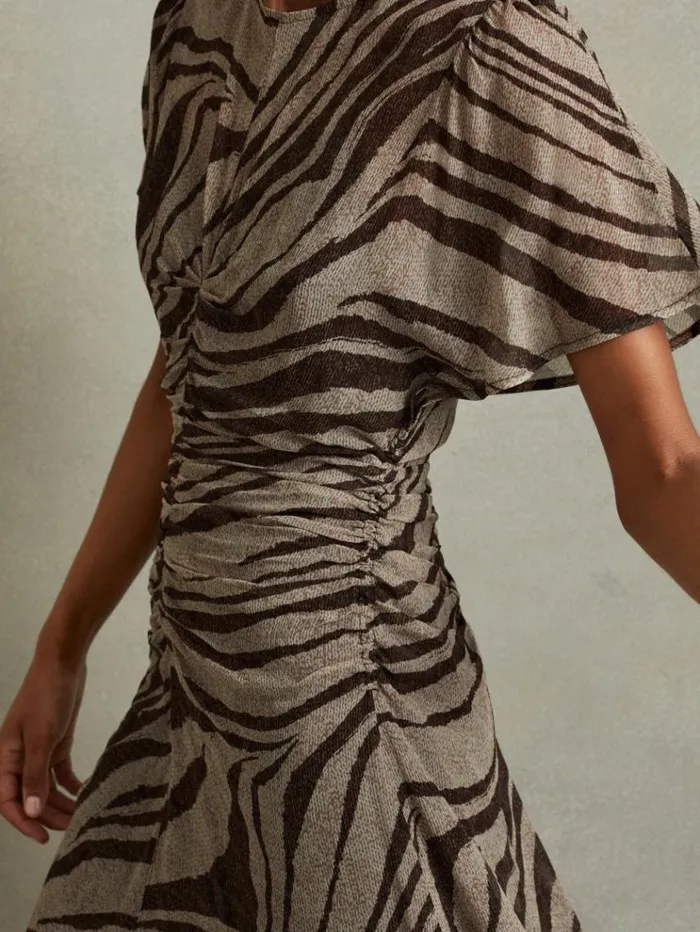 REISS Dresses Women Animal Printed Midi Dress Browncream