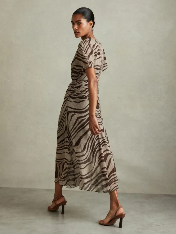 REISS Dresses Women Animal Printed Midi Dress Browncream