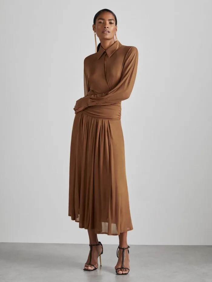 REISS Dresses Women Atelier GatheredGeorgette Maxi Dress Tan