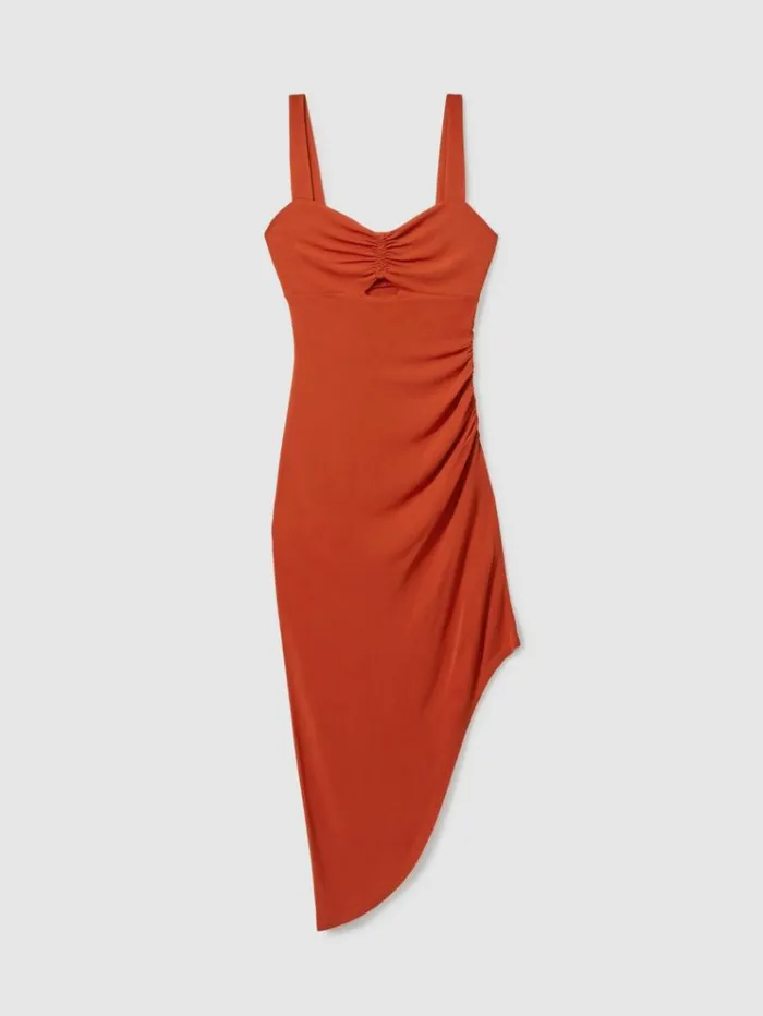 REISS Dresses Women Jersey Ruched Midi Dress Rust