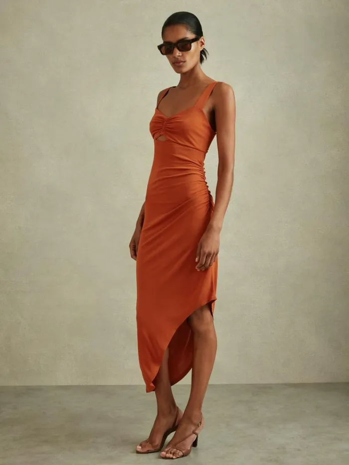 REISS Dresses Women Jersey Ruched Midi Dress Rust