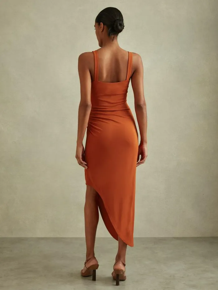 REISS Dresses Women Jersey Ruched Midi Dress Rust
