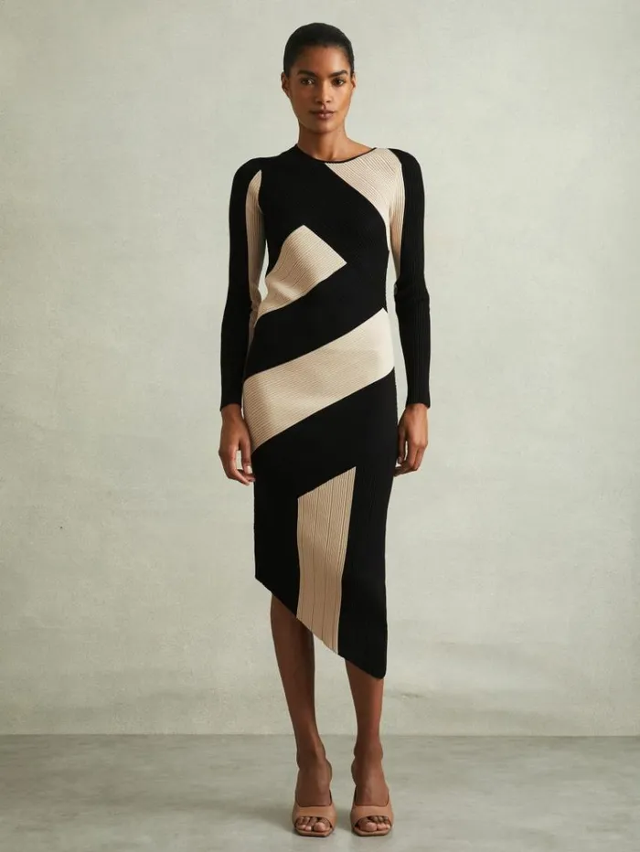 REISS Dresses Women Knitted Colourblock Asymmetric Midi Dress Blackcamel