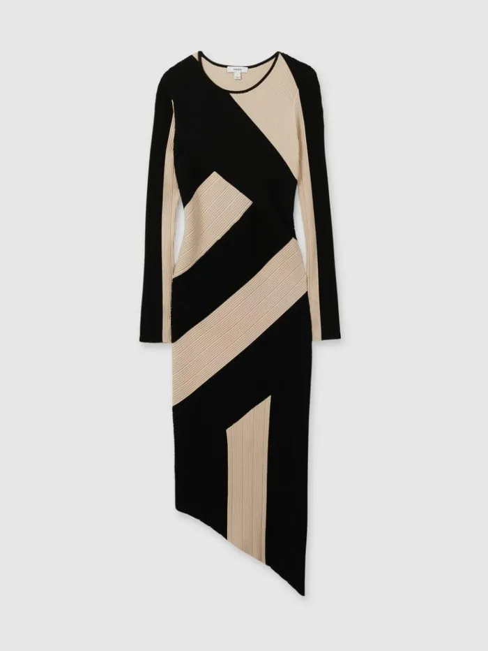 REISS Dresses Women Knitted Colourblock Asymmetric Midi Dress Blackcamel