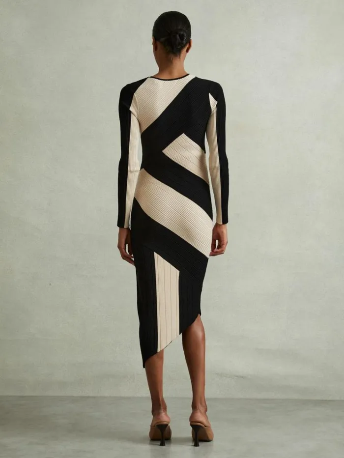 REISS Dresses Women Knitted Colourblock Asymmetric Midi Dress Blackcamel