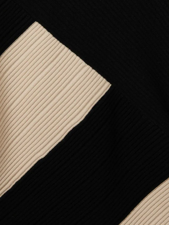 REISS Dresses Women Knitted Colourblock Asymmetric Midi Dress Blackcamel