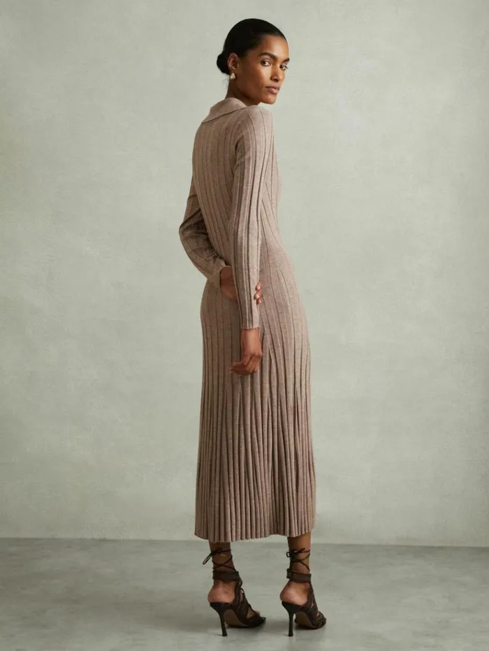 REISS Dresses Women Knitted Open Collar Midi Dress Neutral