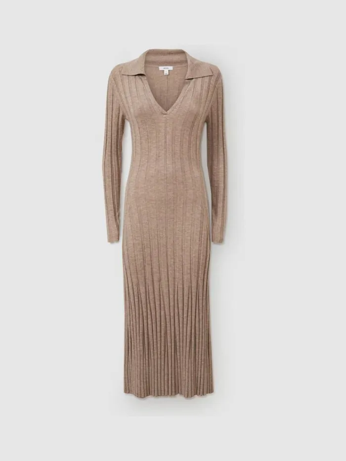 REISS Dresses Women Knitted Open Collar Midi Dress Neutral