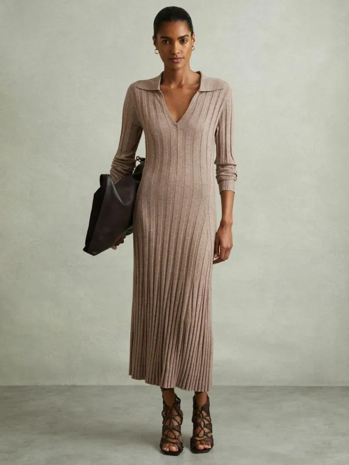 REISS Dresses Women Knitted Open Collar Midi Dress Neutral