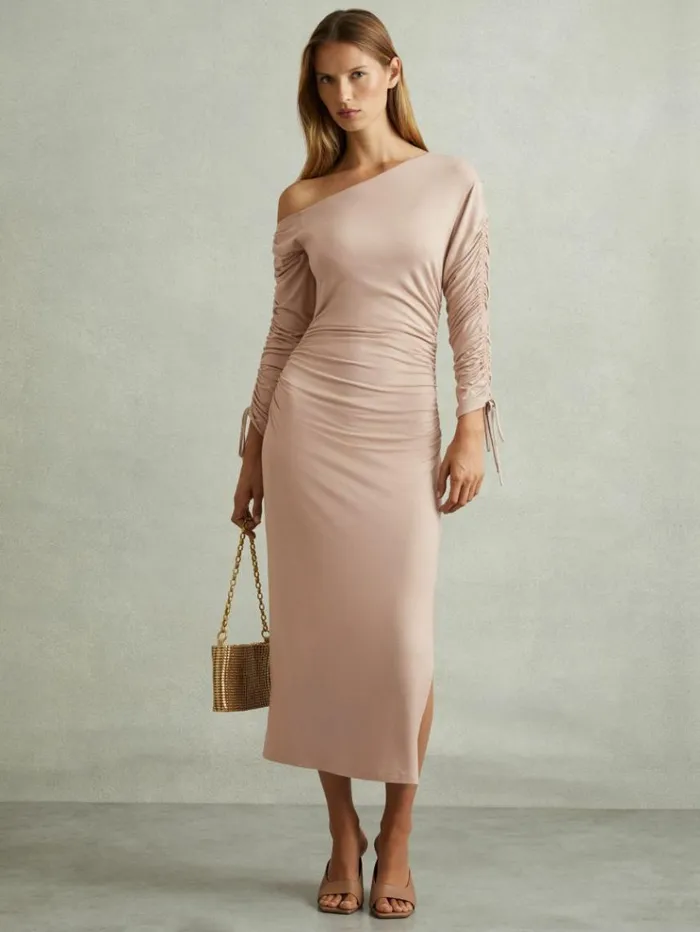 REISS Dresses Women OneShoulder RuchedJersey Midi Dress Blush