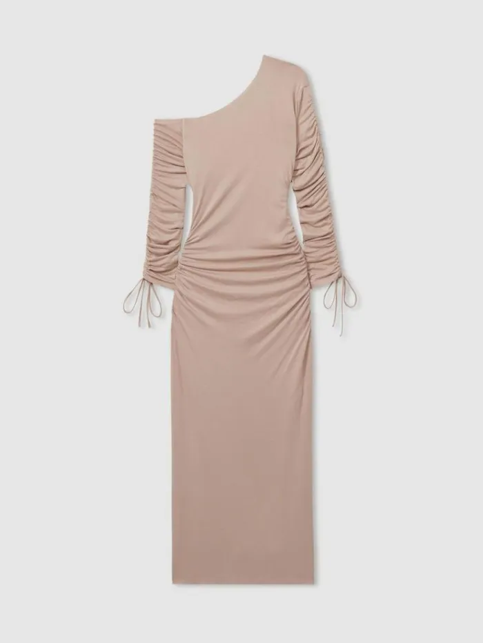 REISS Dresses Women OneShoulder RuchedJersey Midi Dress Blush