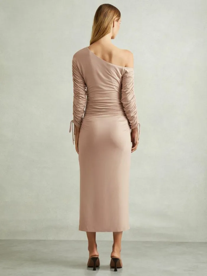 REISS Dresses Women OneShoulder RuchedJersey Midi Dress Blush