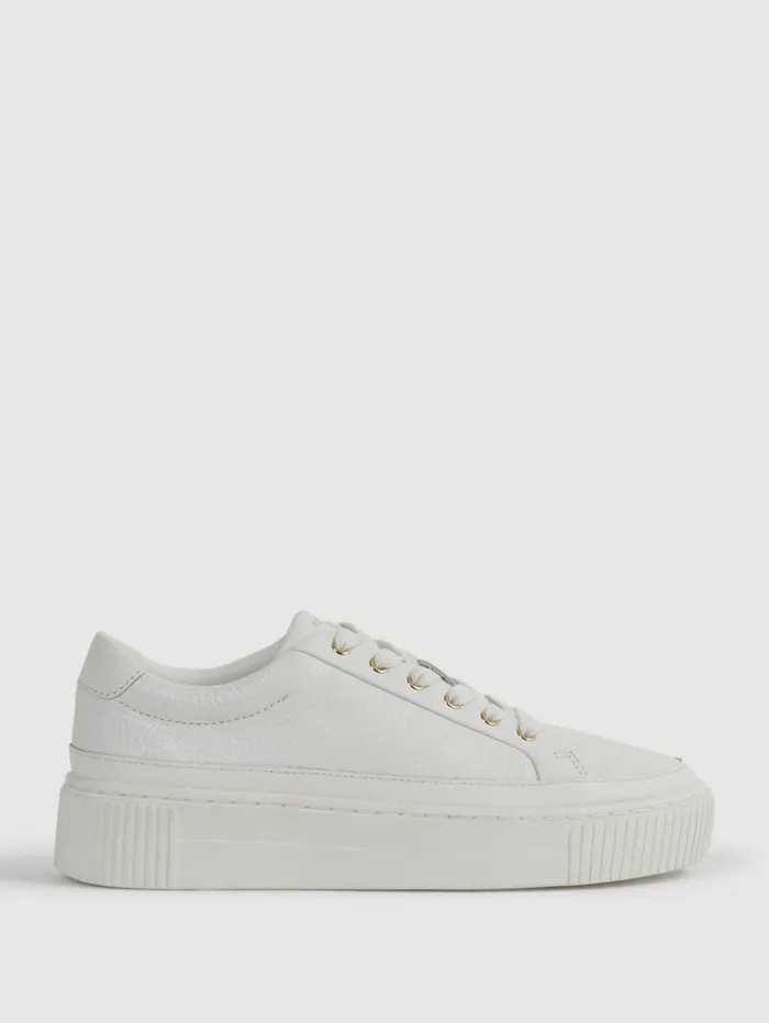 REISS Flats Women Grained Leather Platform Trainers White