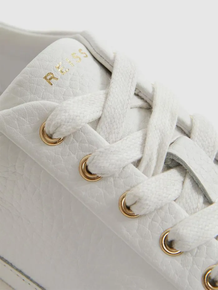REISS Flats Women Grained Leather Platform Trainers White
