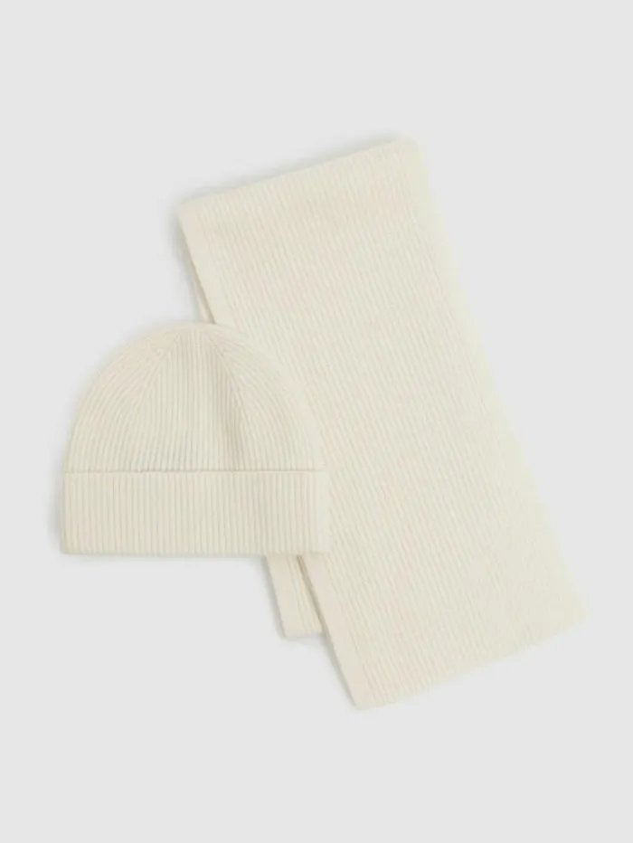 REISS Hats Gloves and Scarves Men Merino Wool Ribbed Scarf And Beanie Set Off White
