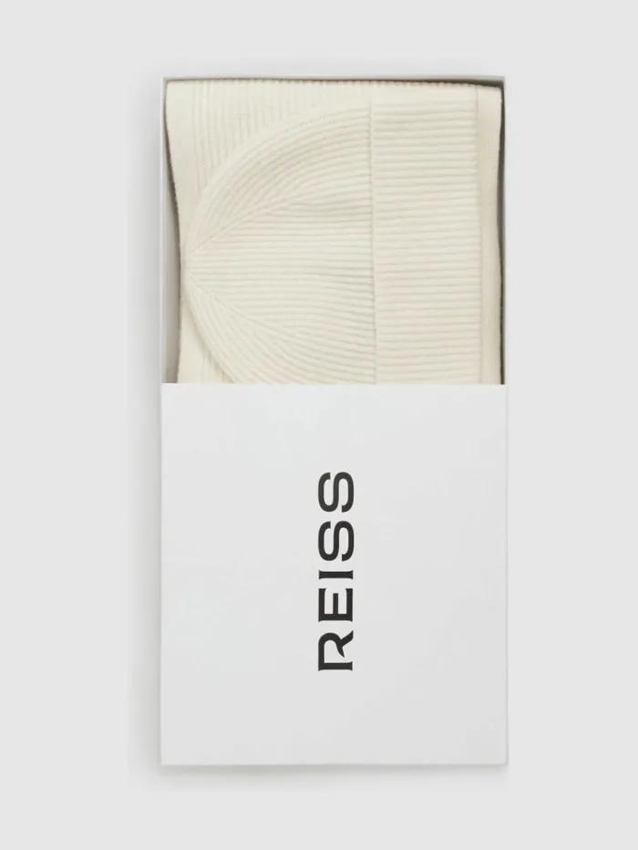 REISS Hats Gloves and Scarves Men Merino Wool Ribbed Scarf And Beanie Set Off White