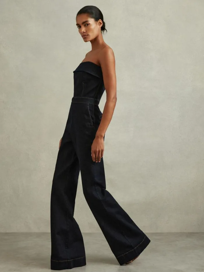 REISS Jumpsuits and Rompers Women Denim Strapless Wide Leg Jumpsuit Indigo