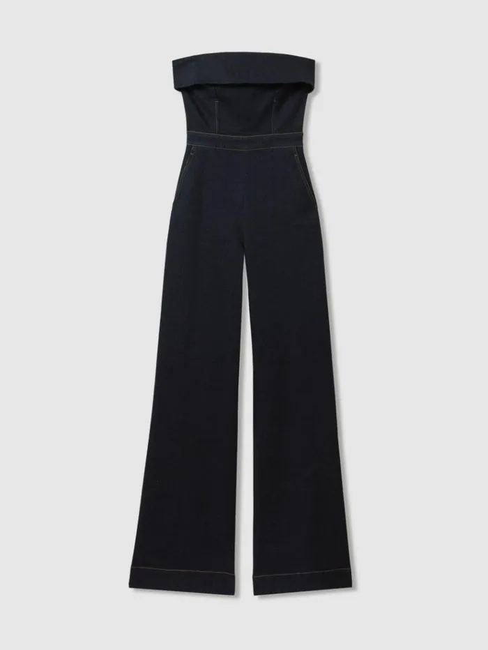 REISS Jumpsuits and Rompers Women Denim Strapless Wide Leg Jumpsuit Indigo
