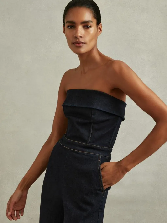 REISS Jumpsuits and Rompers Women Denim Strapless Wide Leg Jumpsuit Indigo