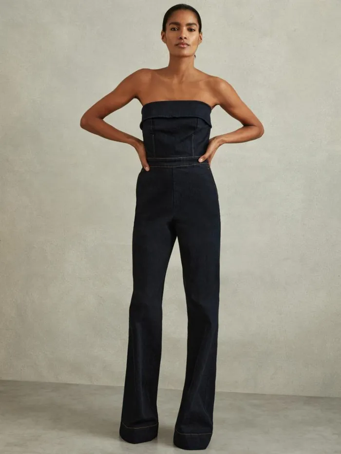 REISS Jumpsuits and Rompers Women Denim Strapless Wide Leg Jumpsuit Indigo