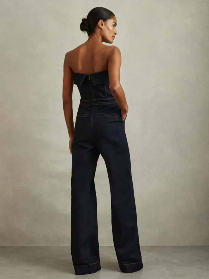 REISS Jumpsuits and Rompers Women Denim Strapless Wide Leg Jumpsuit Indigo