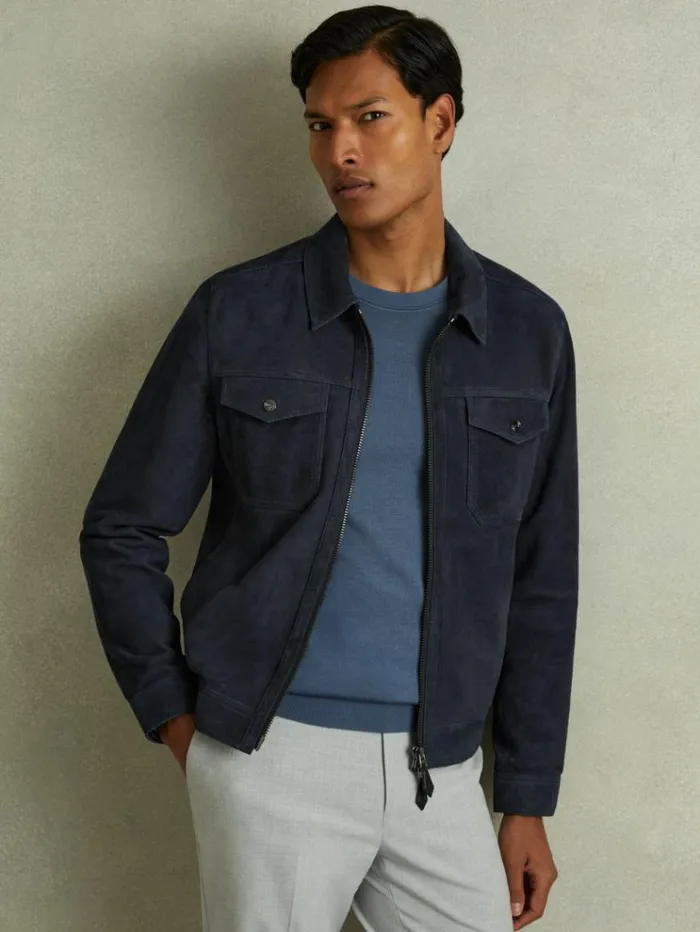 REISS Leather and Suede Jackets Men Suede Zip Through Trucker Jacket Indigo Blue
