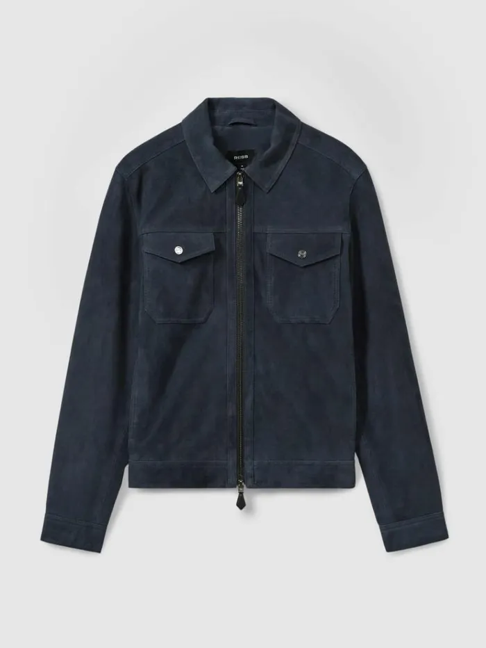 REISS Leather and Suede Jackets Men Suede Zip Through Trucker Jacket Indigo Blue