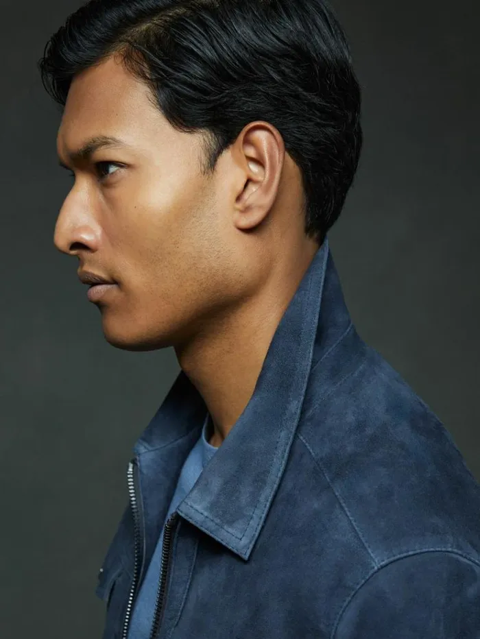REISS Leather and Suede Jackets Men Suede Zip Through Trucker Jacket Indigo Blue