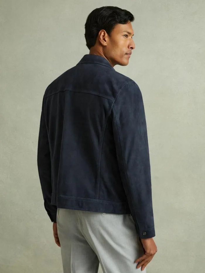REISS Leather and Suede Jackets Men Suede Zip Through Trucker Jacket Indigo Blue