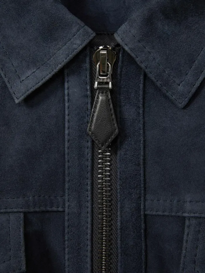 REISS Leather and Suede Jackets Men Suede Zip Through Trucker Jacket Indigo Blue