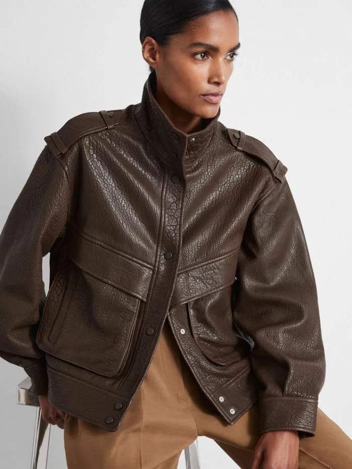 REISS Leather Jackets Women Atelier Grained Leather Jacket Chocolate