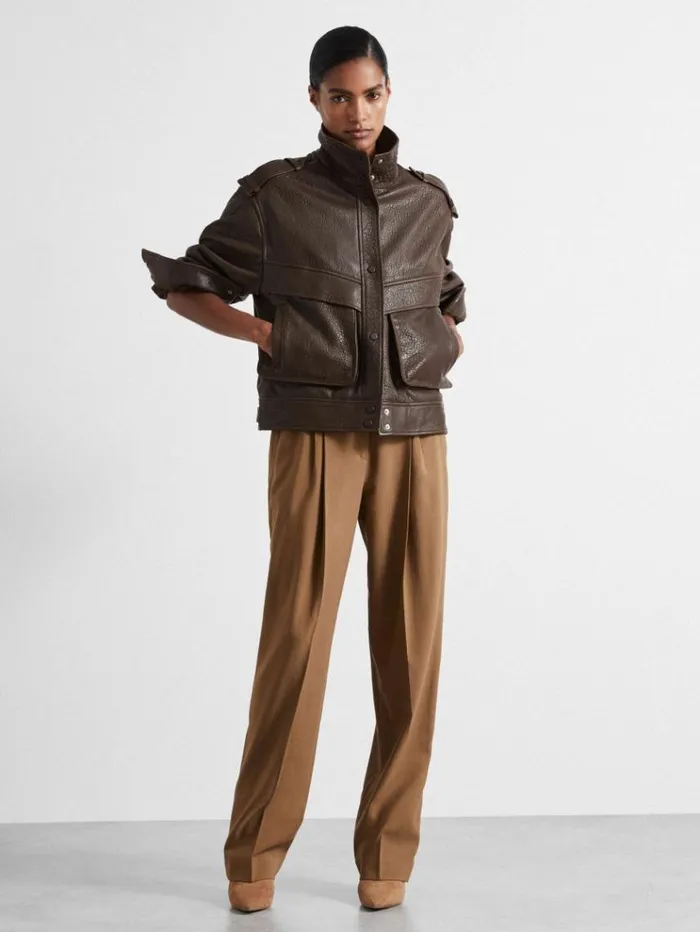 REISS Leather Jackets Women Atelier Grained Leather Jacket Chocolate