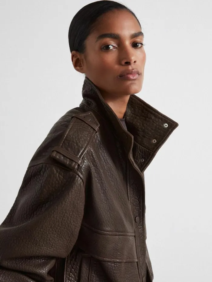 REISS Leather Jackets Women Atelier Grained Leather Jacket Chocolate