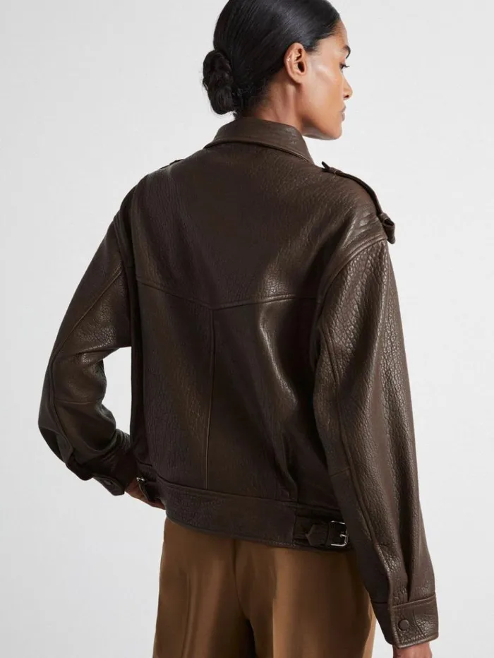 REISS Leather Jackets Women Atelier Grained Leather Jacket Chocolate