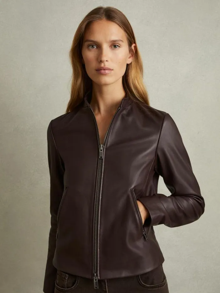 REISS Leather Jackets Women Leather Collarless Biker Jacket Berry