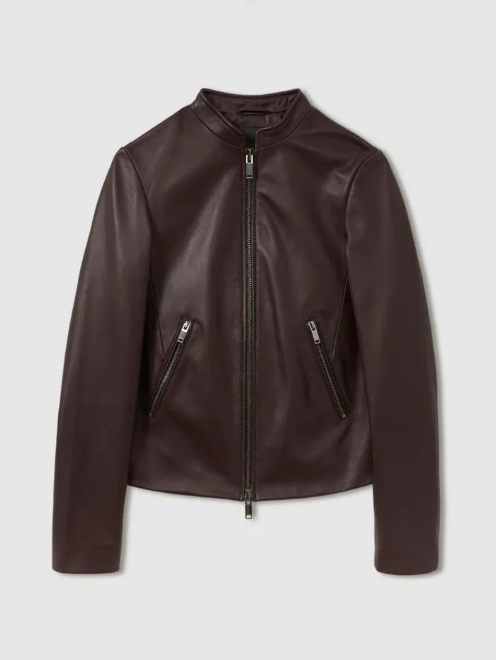 REISS Leather Jackets Women Leather Collarless Biker Jacket Berry