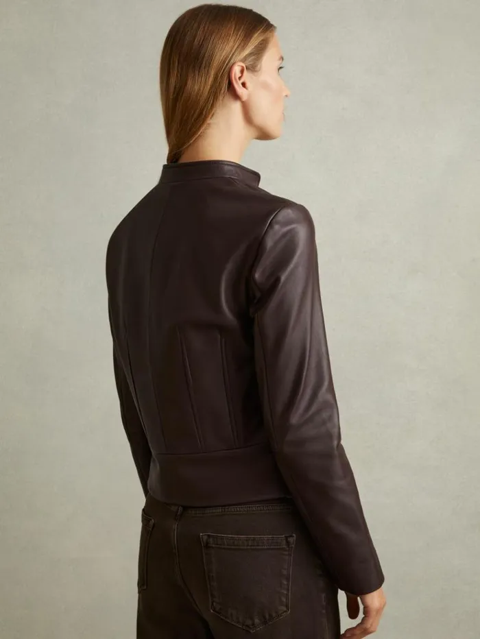 REISS Leather Jackets Women Leather Collarless Biker Jacket Berry