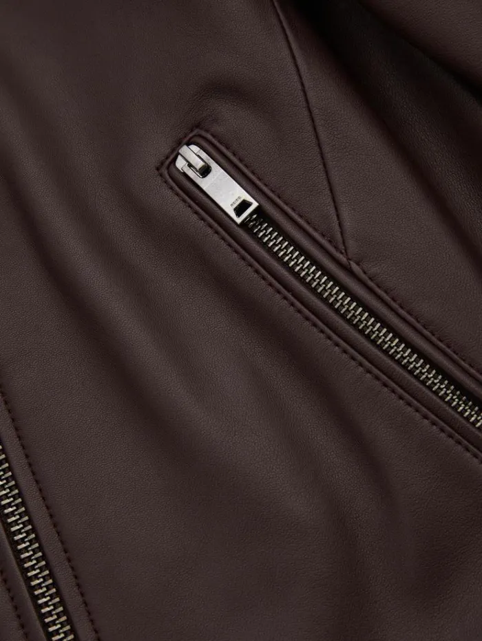 REISS Leather Jackets Women Leather Collarless Biker Jacket Berry