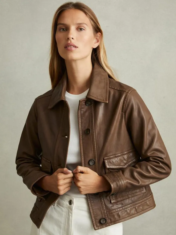 REISS Leather Jackets Women Leather Trucker Jacket Chocolate
