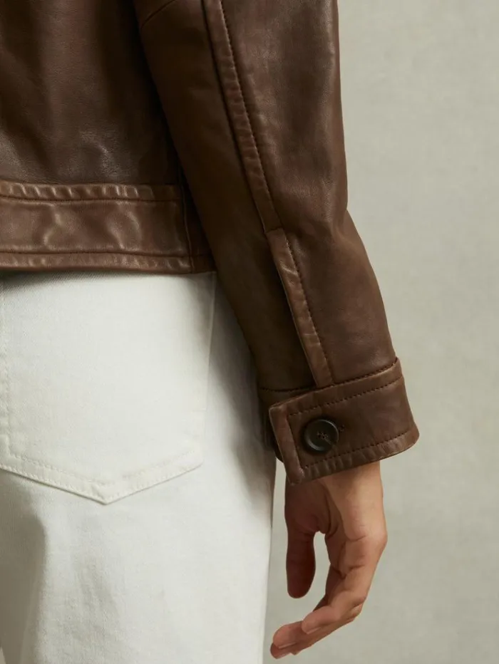REISS Leather Jackets Women Leather Trucker Jacket Chocolate
