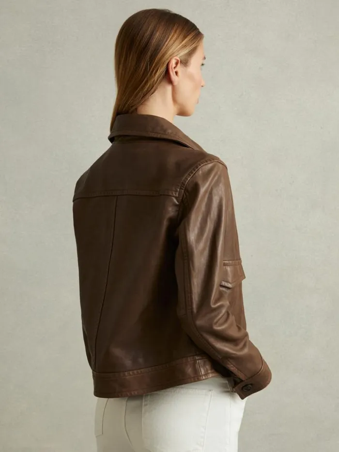 REISS Leather Jackets Women Leather Trucker Jacket Chocolate